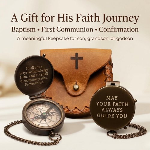 Baptism Gifts for Boys – Confirmation & First Communion Compass Gift – Catholic Christian Brass Pocket Compass with Scripture – Religious Keepsake for Christening – Gift for Godson, Son, or Grandson