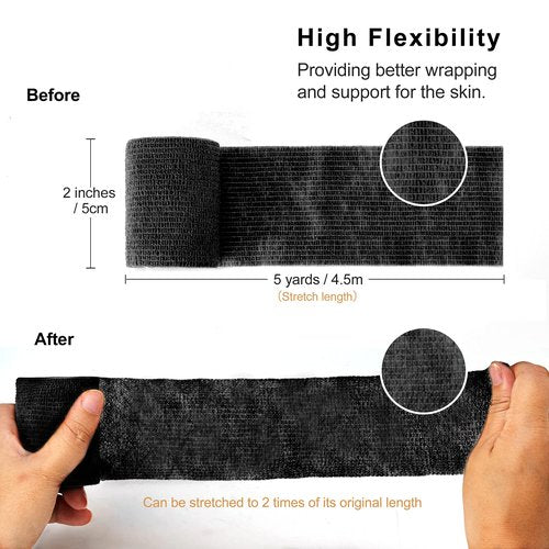 Self Adhesive Bandage Wrap Tattoo Grip Tape 2 inch x 5 Yards Cohesive Bandage Wrap Medical Wrap for Sports & First Aid, Elastic Self Sticking Bandage Tape Vet Wrap for Dogs (2 Inch, 12-Black)