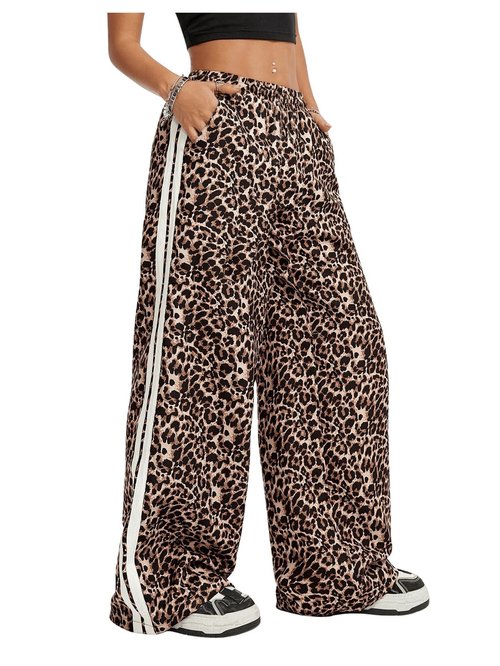 SHENHE Girl's Y2k Leopard Print Pants Wide Leg Baggy Side Stripe Cheetah Pants Trousers Brown 10 Years