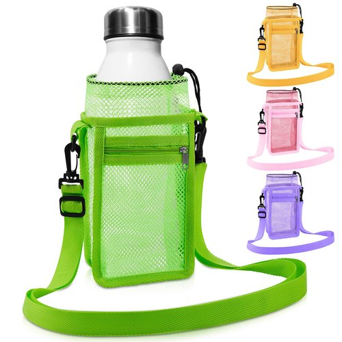 Berlune 4 Pcs Water Bottle Holder with Strap Drawstring Water Bottle Carrier with Zipper Pocket Adjustable Shoulder Mesh Sling Bag for Hiking Walking Camping Travel (4 Colors)