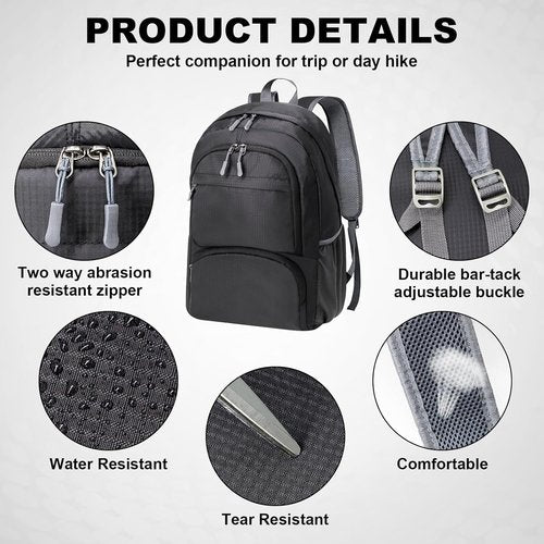HOLYLUCK 20L Lightweight Packable Hiking Daypack - Foldable Backpack for Travel | Black Color