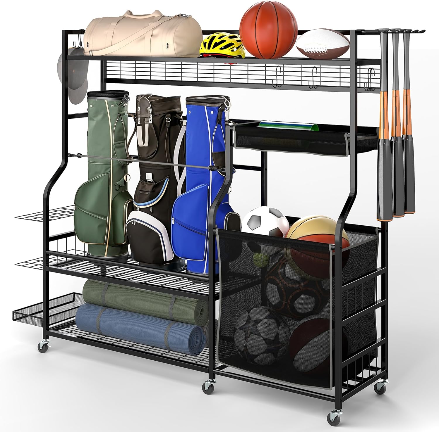 YITAHOME Sports Organizer - Multi-Functional Garage Storage Rack for Golf Gear | Holds 3 Bags & Clubs, Wheels Included