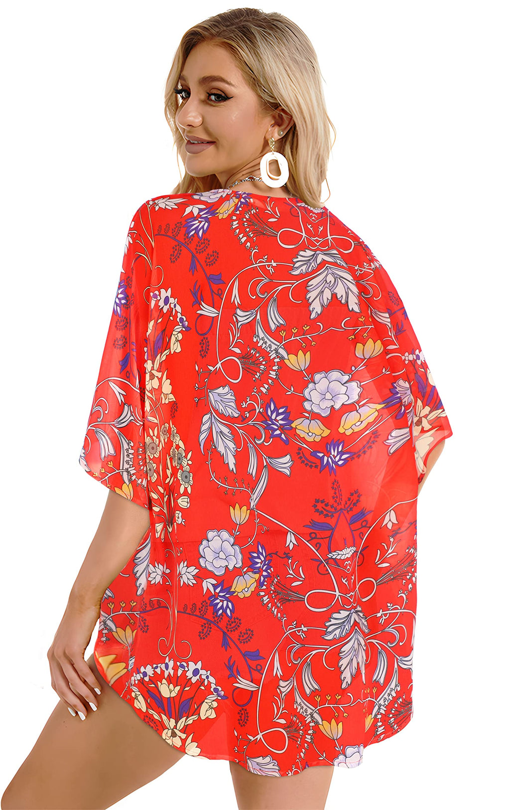Summer Kimono Cardigan for Women Sheer Boho Tops Casual Open Front Swimwear Shirts Beach Cover ups (Boho Red,S)