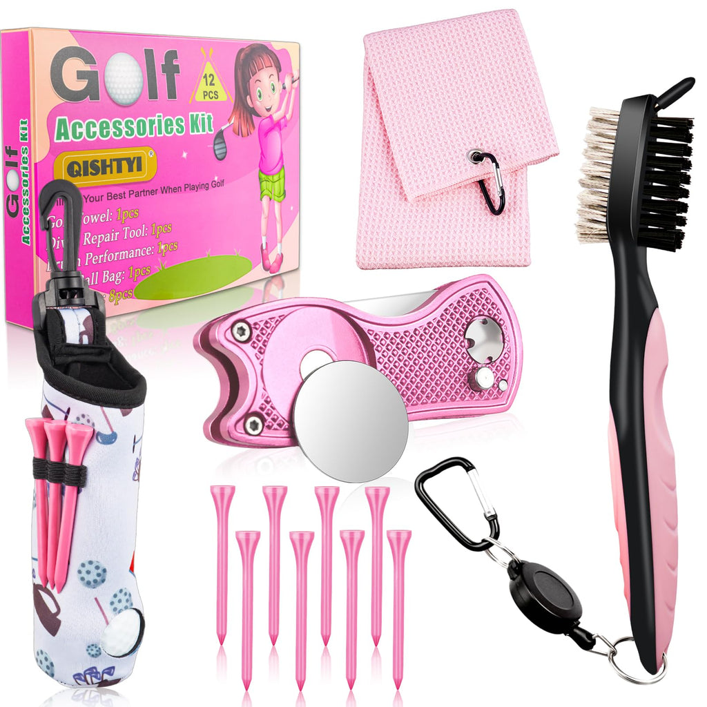 Qishiyi 12Pcs Golf Accessories Kit Include Golf Ball Bag Golf Tees Golf Towel Golf Club Cleaner Brush Groove Cleaner Tool Divot Tool Magnetic Ball Marker,Best Golf Gift for Women Man (Pink)