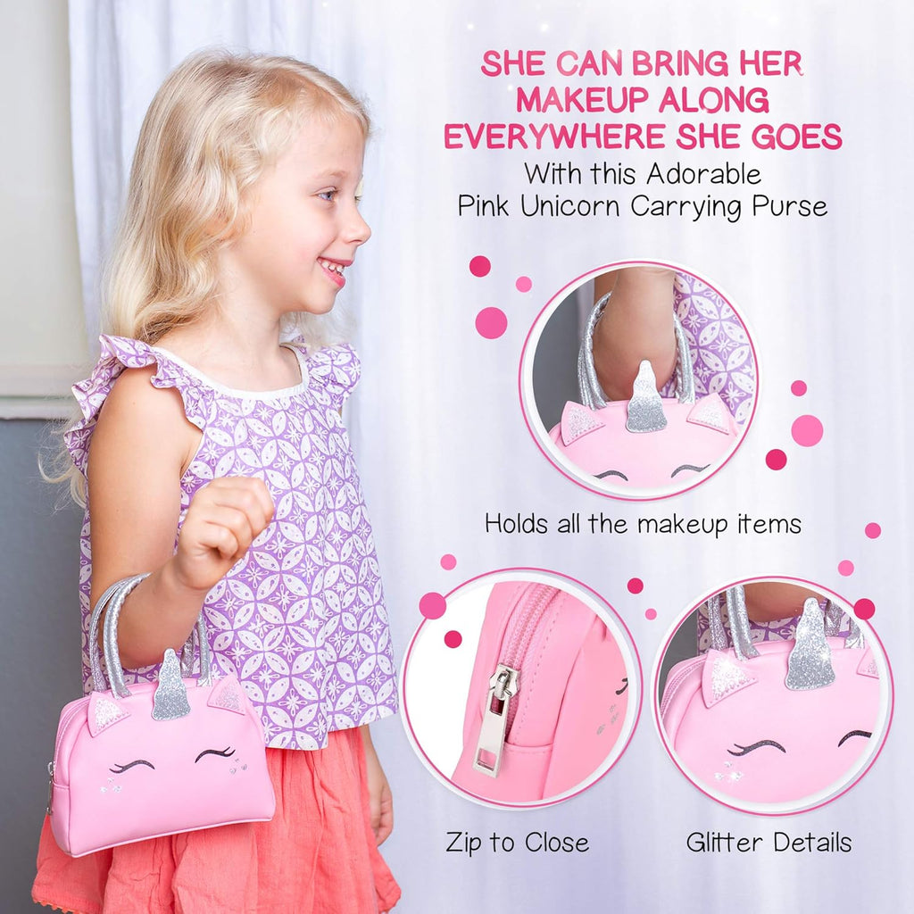 Skiennix Kids Real Makeup Kit - Non-Toxic Washable Set with Pink Unicorn Purse | Perfect for Ages 4-8