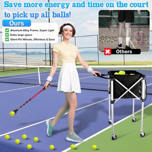 Angooni Professional Tennis Cart with Silent PU Wheels - Sturdy and Lightweight Tennis Ball Cart with 150-Ball Capacity - Portable Tennis Balls Basket & Reliable Ball Carrier