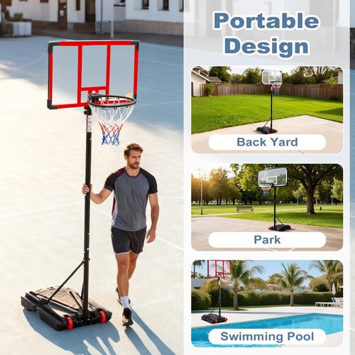 DUMOS 10FT Adjustable Height Basketball Hoop - 44" Shatterproof Backboard & Shock Absorbent Rim | Portable Design for Indoor/Outdoor Use