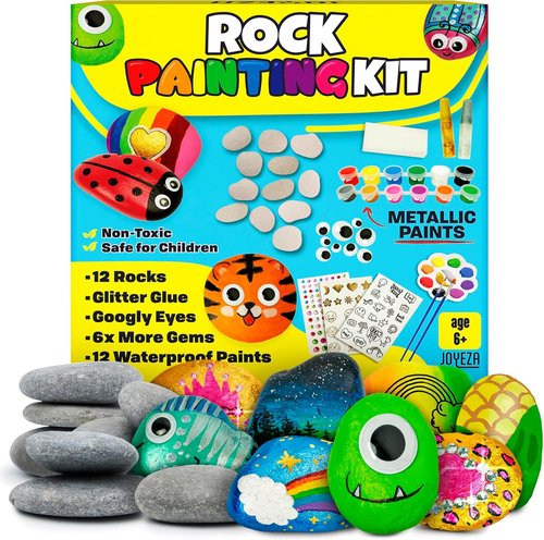 JOYEZA Rock Painting Kit Deluxe - Arts and Crafts Set for Kids Age 6+ | 12 Waterproof Rocks & Paints