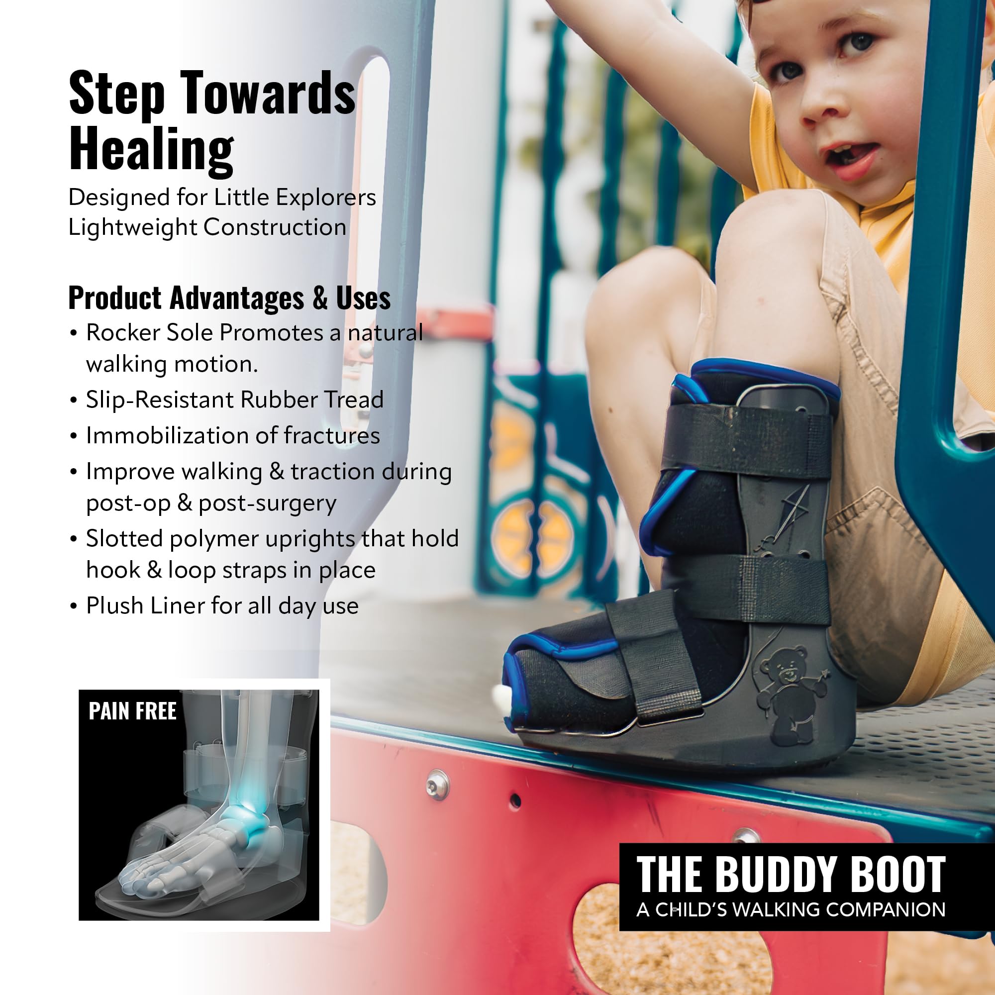 Braceapedia Pediatric Medical Walking Boot - Toddler & Kids Only, Orthopedic Foot Boot & Ankle Support Brace for Sprained Ankle - Universal Left/Right Fit - Medium Blue Liner (Fits Kids Foot Length 5" to 6 inches)