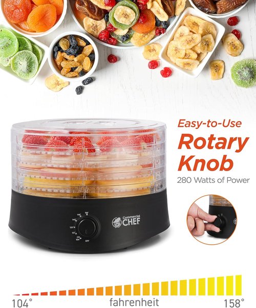 Commercial Chef Food Dehydrator - 5 BPA-Free Trays for Meat, Fruit & Veggies | 280W Adjustable Thermostat, Black