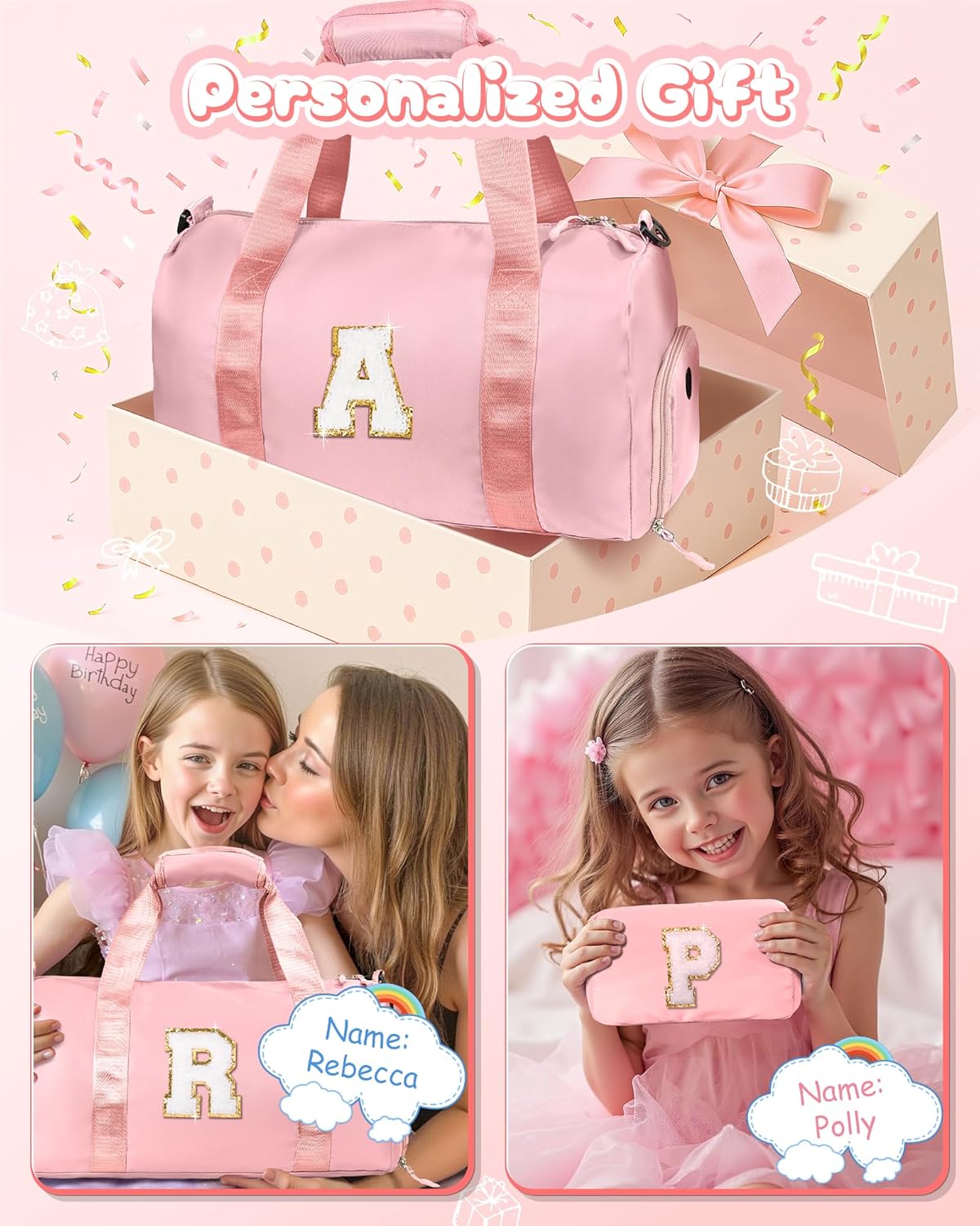 Skiennix Girl Gym Bag - Personalized Weekender Tote with Shoe Compartment & Makeup Pouch | Ideal Gift for Ages 4-10 (Letter R)