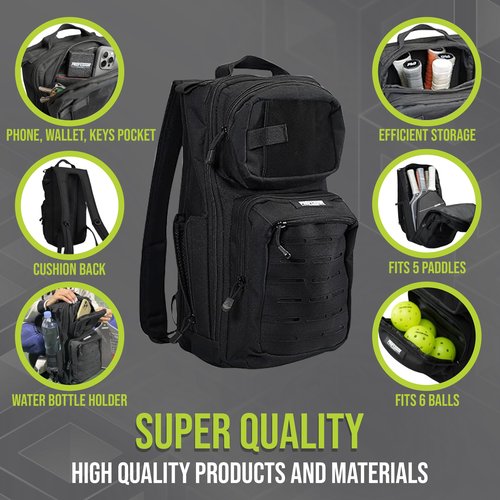 Professor Pickleball CourtCommander Pickleball Backpack - Lightweight & Efficient Pickleball Bag - Holds 4 Paddles, 6 Balls, & Cup Holder - Tactical Style