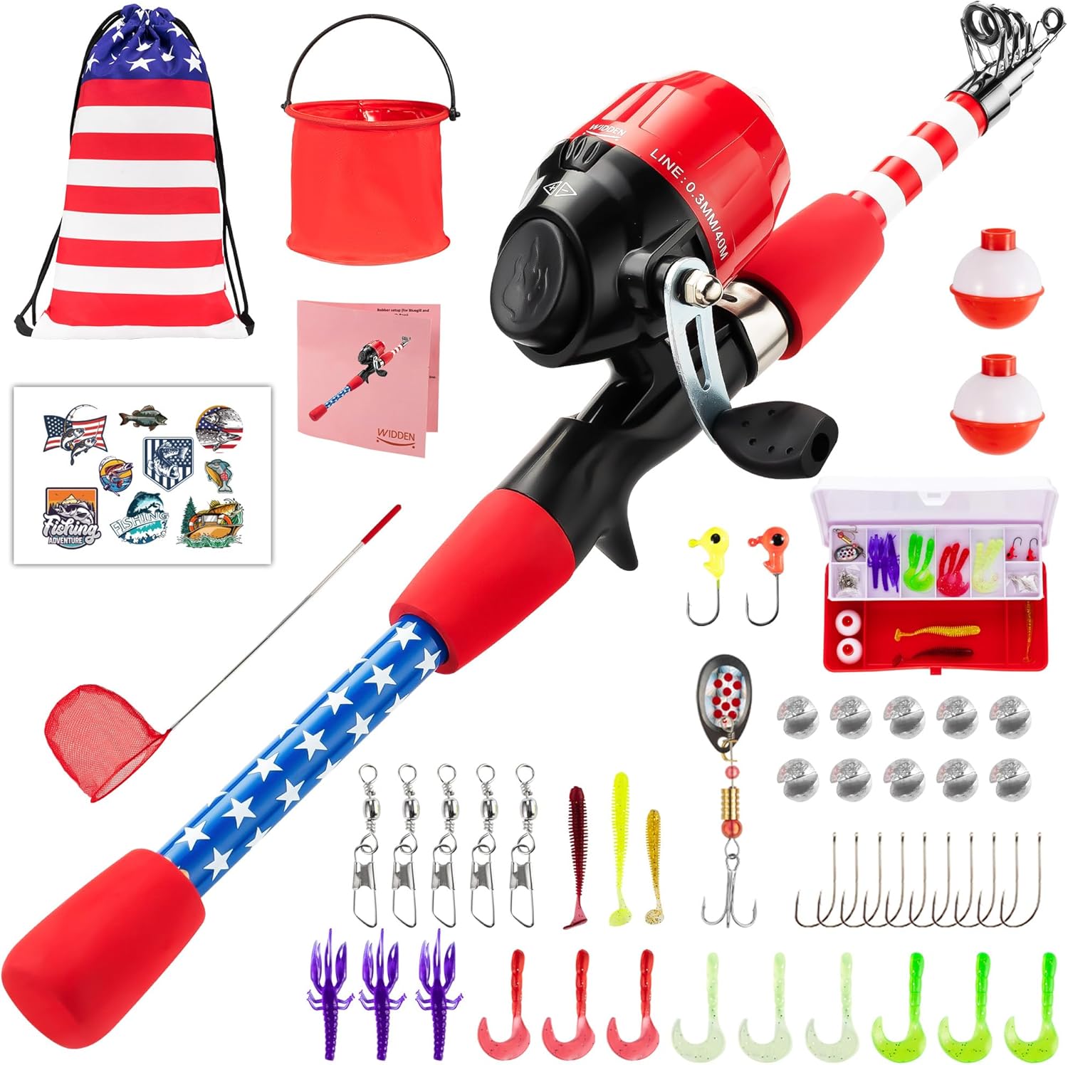 WIDDEN 4th of July Kids Fishing Pole, Portable Telescopic Toddler Fishing Pole for Boys and Girls, American Flag Youth Fishing Rod and Reel Combo with Full Starter Kits