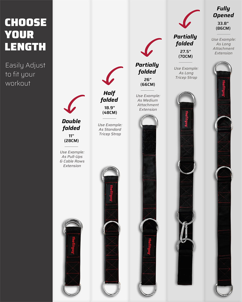 THEFITGUY Gym Multifunctional Extension Strap (Single) - for Cable Attachments, Pulley Machines, Rows - Add New Exercises and Grips to Your Workout, Heavy Duty, 5 Lengths Options