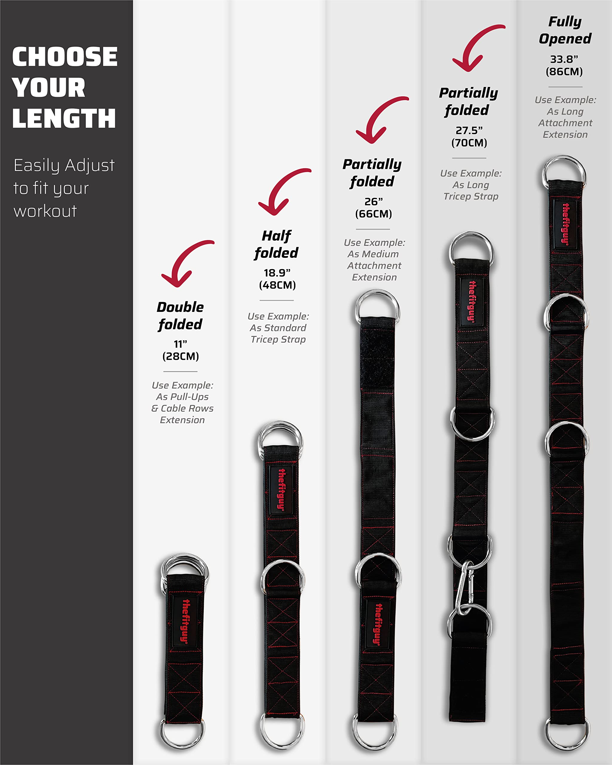 THEFITGUY Gym Multifunctional Extension Strap (Single) - for Cable Attachments, Pulley Machines, Rows - Add New Exercises and Grips to Your Workout, Heavy Duty, 5 Lengths Options