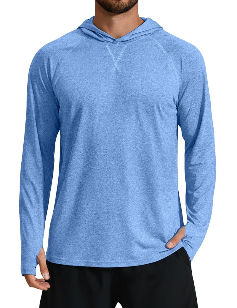 COOFANDY Men's UPF 50+ Fishing Shirt Hooded Long Sleeve Rash Guard, A-light Blue, Large