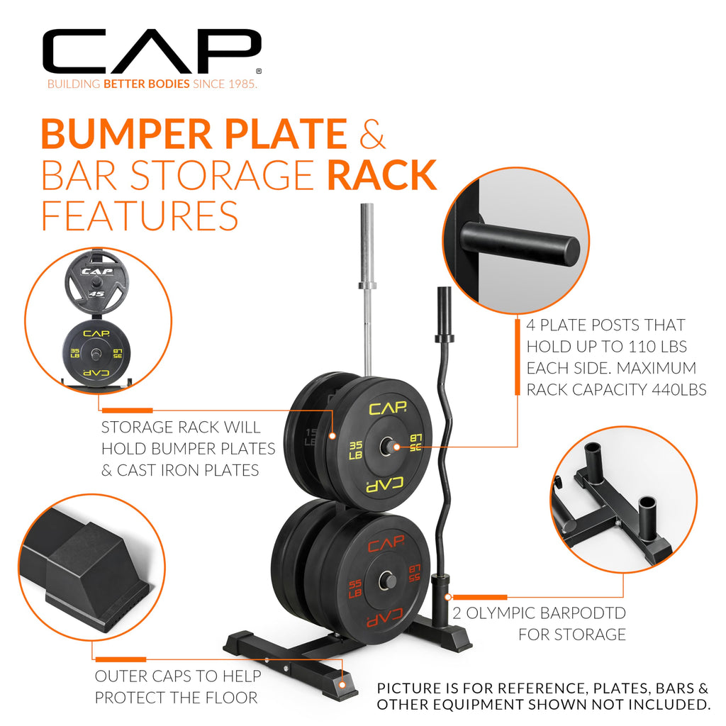 CAP 160 lb Economy Speckled Olympic Bumper Plate Set with Compact Storage Rack, 2-Inch Olympic Plates, Medium Bounce Rubber Weight Plates with Steel Hub, 4 Weight Posts & 2 Barbell Holders for Weightlifting, Strength Training & Home Gym Workouts