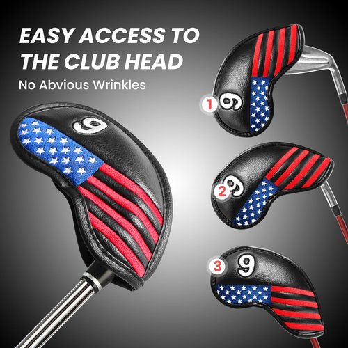 FINGER TEN Golf Club Covers for Irons Magnetic Value 11 Pack, Synthetic Leather Deluxe Head Cover Set Headcovers for Irons Fit Main Iron Clubs (Black-USA Flag)