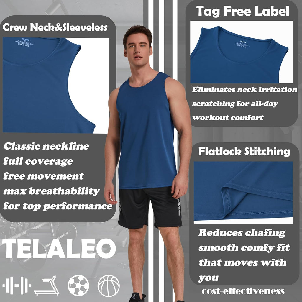 TELALEO Men's Workout Tank Tops - 5 Pack Sleeveless Mesh Gym Shirts | Quick Dry in Black, Gray, Navy & Blue