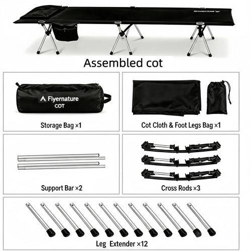 Camping Cot for Adults, Height Adjustable Sleeping Cot, Supports 300 lbs, Lightweight Compact Foldable for Backpacking, Hiking, Travel, Beach, Truck & Office Nap | Flyernature
