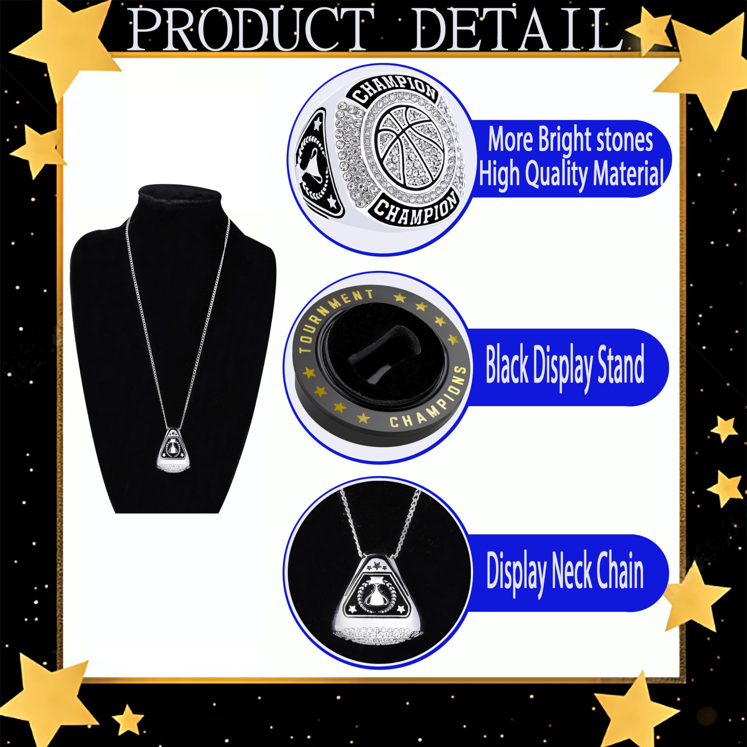 12 Pcs Basketball Championship Ring Basketball Ring Sport Ball Trophy Award Gift With Display Neck Chain and Stand for Tournament or League Champion Winner (6pcs silver basketball rings, size 13)