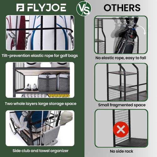 FLYJOE Golf Bag Organizer Storage Golf Bag Rack for Two Golf Bags with Clubs Holder and Golf Equipment Accessories Movable Lockable Wheels for Garage