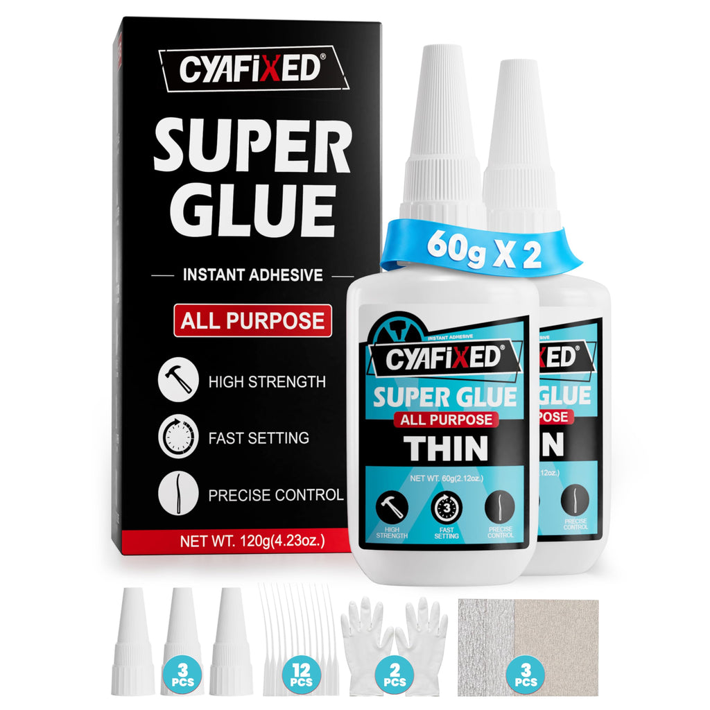 Super Fast Thin CA Glue, 120 Gram Super Glue Pro Kit with Anti-Clog Caps & Precision Microtips, Instant Cyanoacrylate Adhesive for Plastic Metal Ceramic Glass Wood 3D Print PLA Rubber