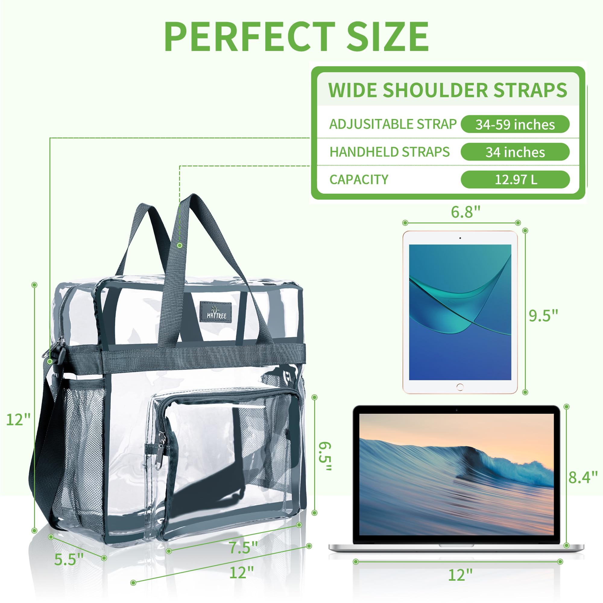 MAY TREE Clear Bag for Stadium Events 12×6×12 Clear Tote Lunch Bag with Reinforced Straps for Work, Sporting Events and Gym, Grey