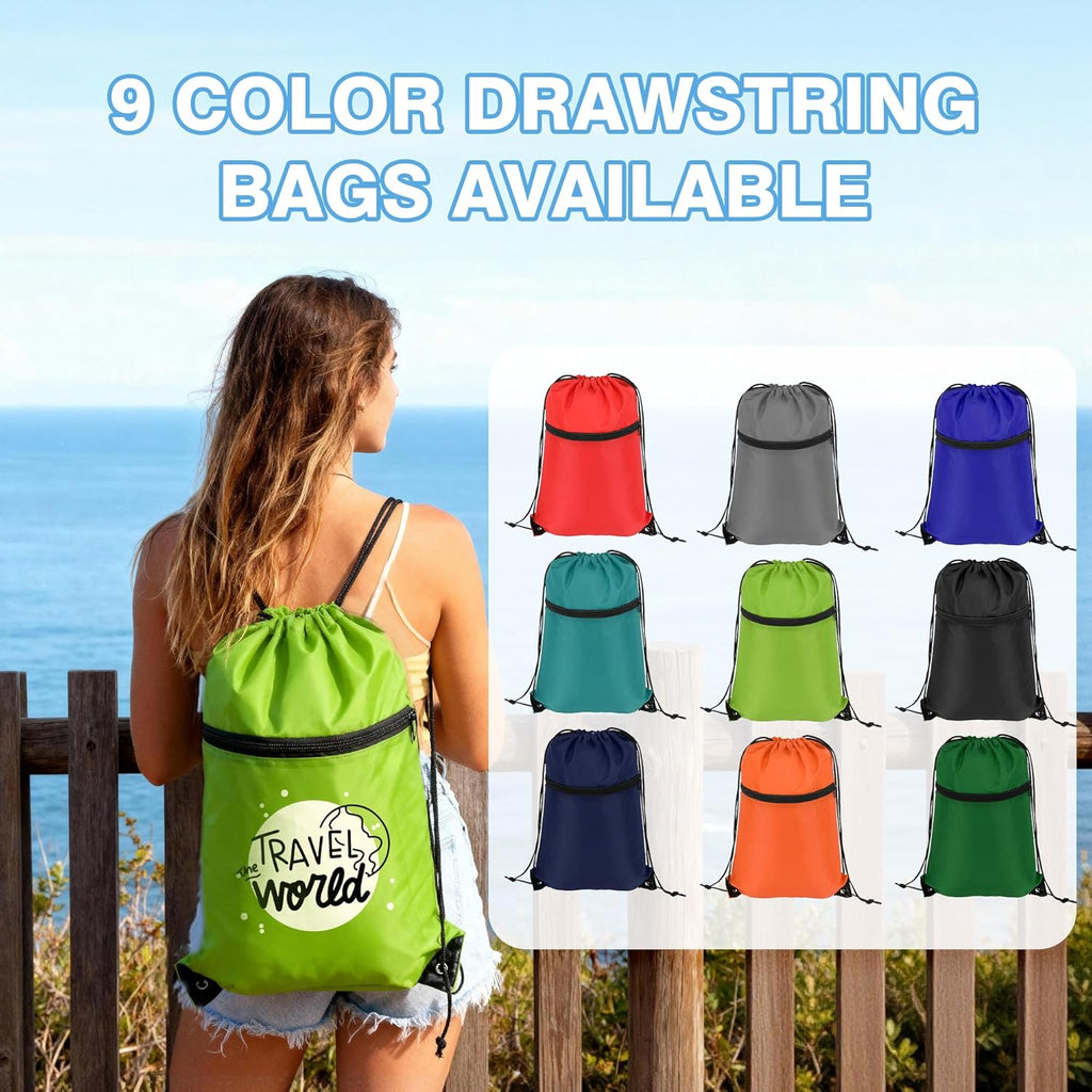Skiennix Custom Drawstring Backpacks - Personalized Cinch Tote Bags with Zipper Pocket | 100/200 Pack