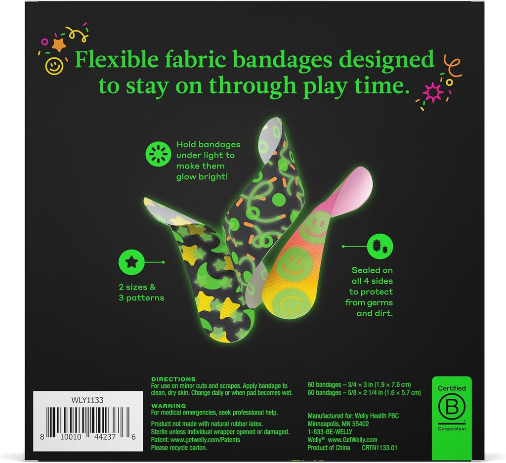Welly Glow-in-the-Dark Bandage Refill Pack - Flexible Adhesive Fabric Bandages | Assorted Shapes & Patterns - 120 Count