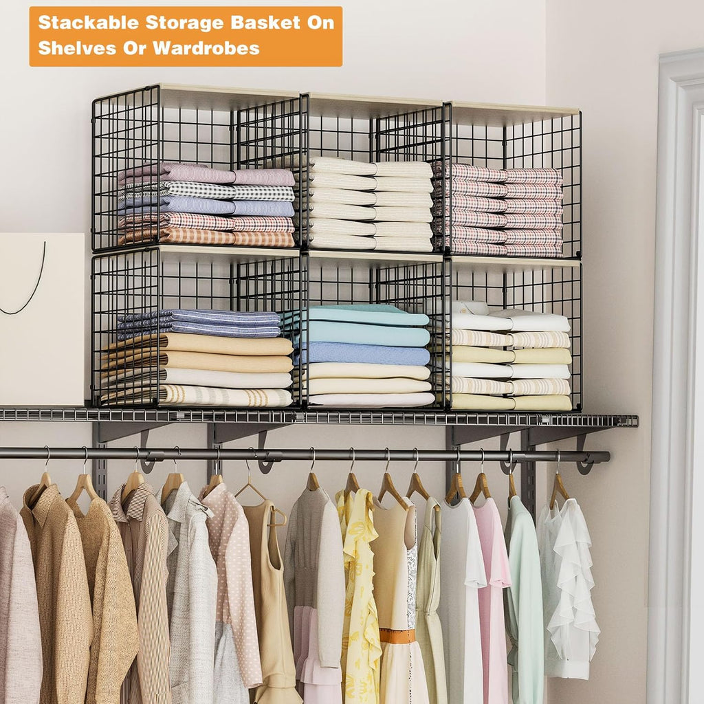 Skiennix 4-Tier Stackable Closet Organizer - Space-Saving Storage Baskets with Wood Top | Black