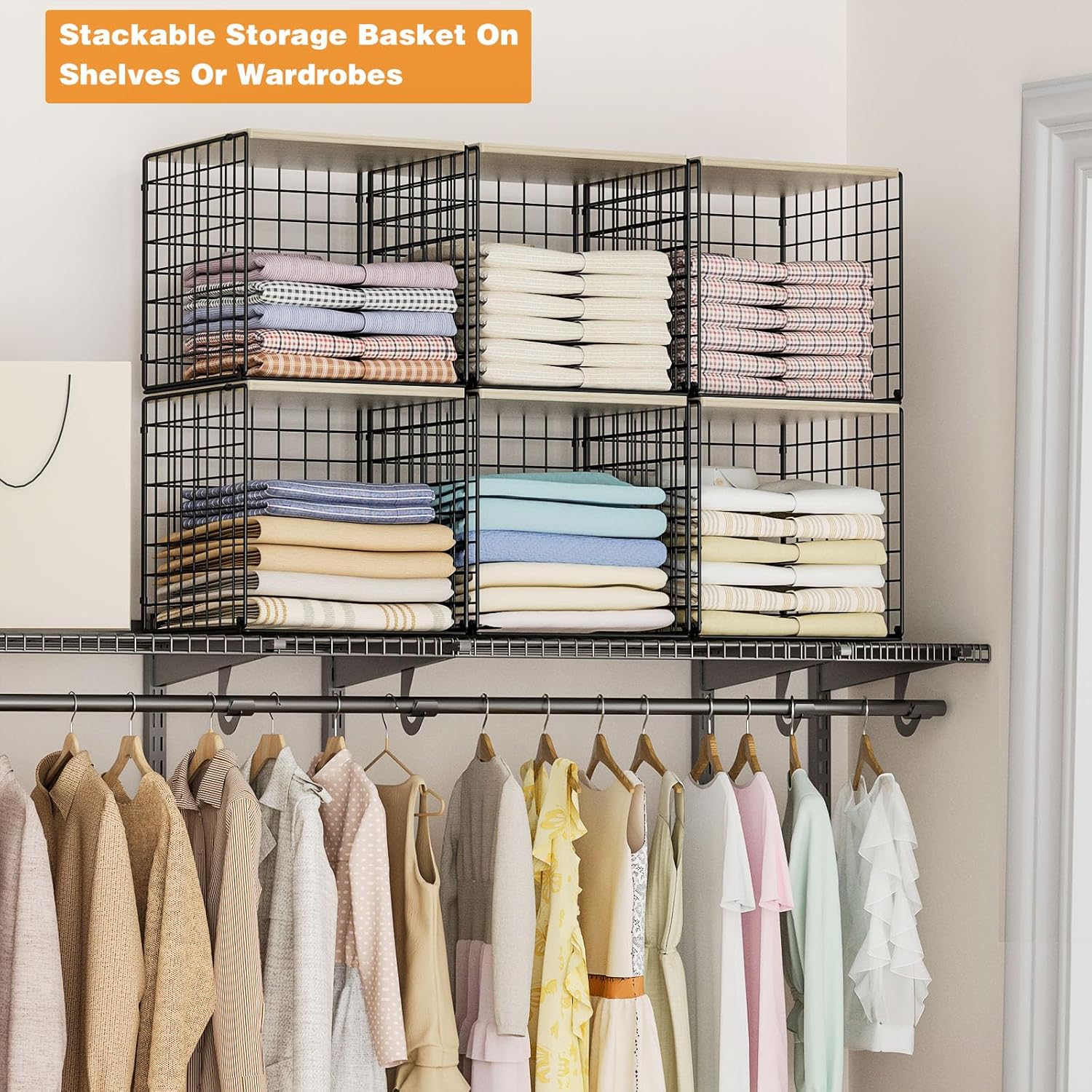 Skiennix 4-Tier Stackable Closet Organizer - Space-Saving Storage Baskets with Wood Top | Black