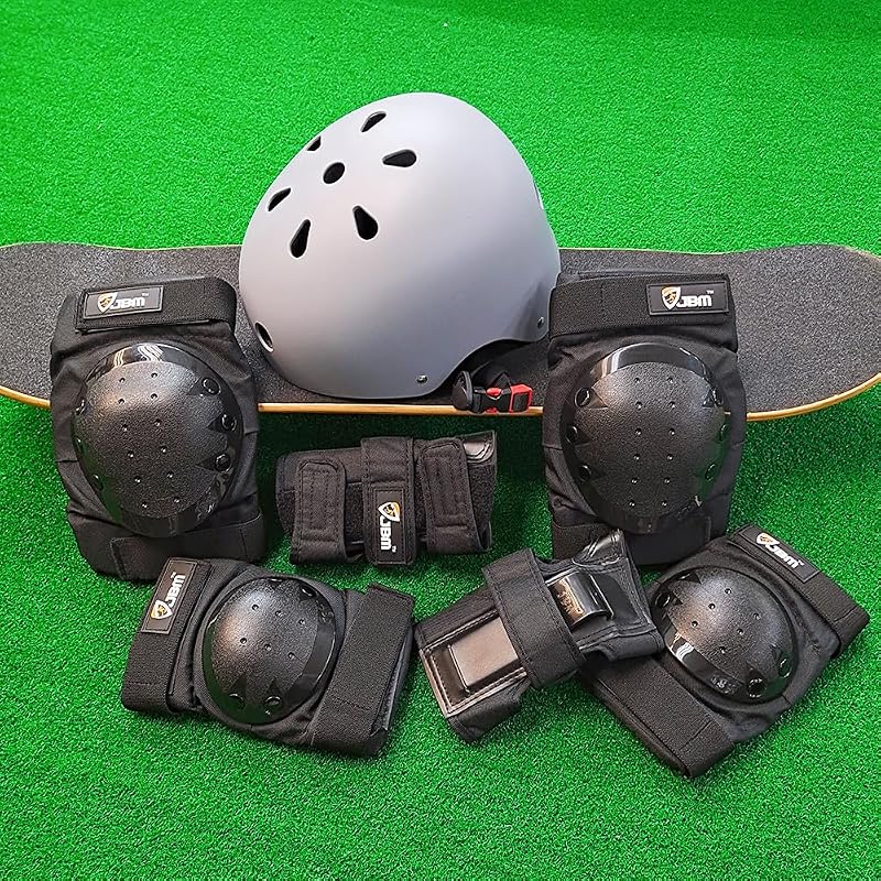 JBM Protective Gear Set for Beginners to Pros, Helmet with Knee Elbow Pads & Wrist Guards, Gray Large