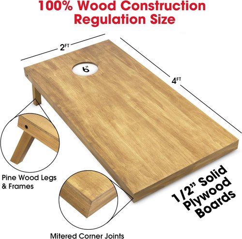GoSports Wooden Cornhole Boards Set - 4 ft x 2 ft Regulation Size with Light Brown Finish & Carrying Case