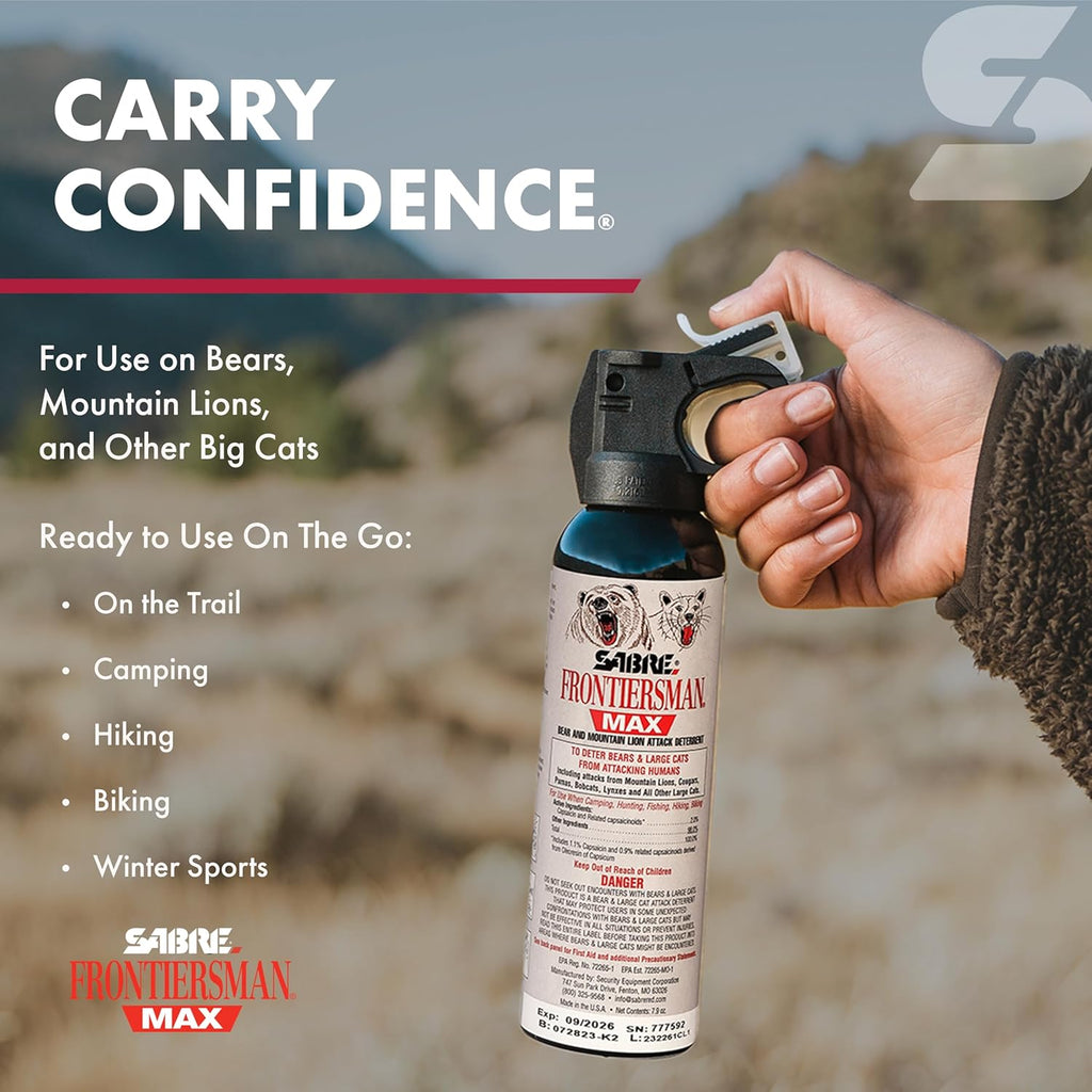 SABRE Frontiersman MAX Bear Spray - Maximum Strength, 40 ft Range, EPA-Registered, 7.9 oz | Outdoor Hiking & Camping Safety