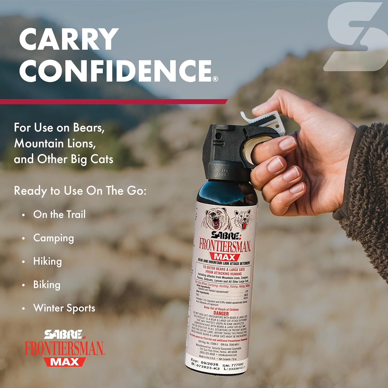 SABRE Frontiersman MAX Bear Spray - Maximum Strength, 40 ft Range, EPA-Registered, 7.9 oz | Outdoor Hiking & Camping Safety