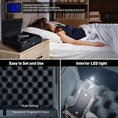 gun safe，with 3 Quick-Access Fingerprint，Passcode，Key.with LCD Display，with Pistol Safe Handgun Safe, Hand Gun Lock Box for Home Drawer Car Bedside Nightstand
