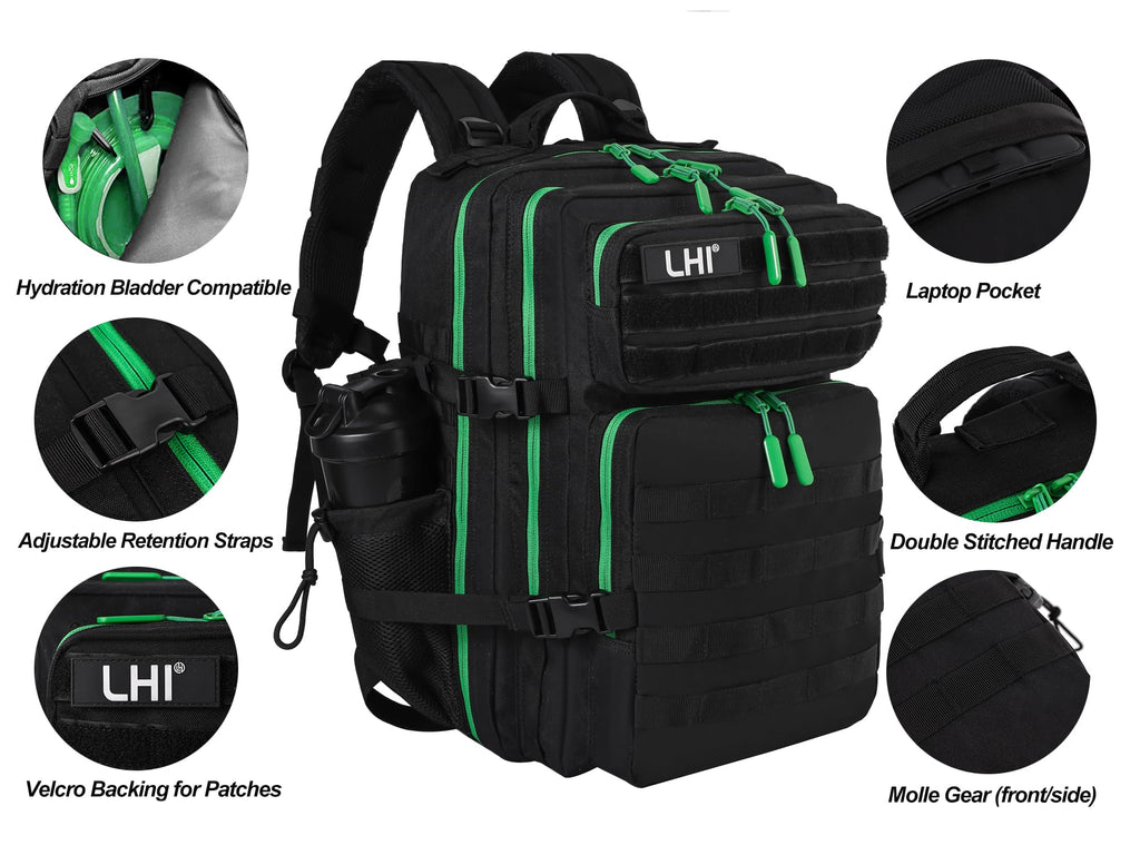LHI Military Tactical Backpack for Men and Women 45L Army 3 Days Assault Pack Bag Large Rucksack with Molle System - Black with green zipper
