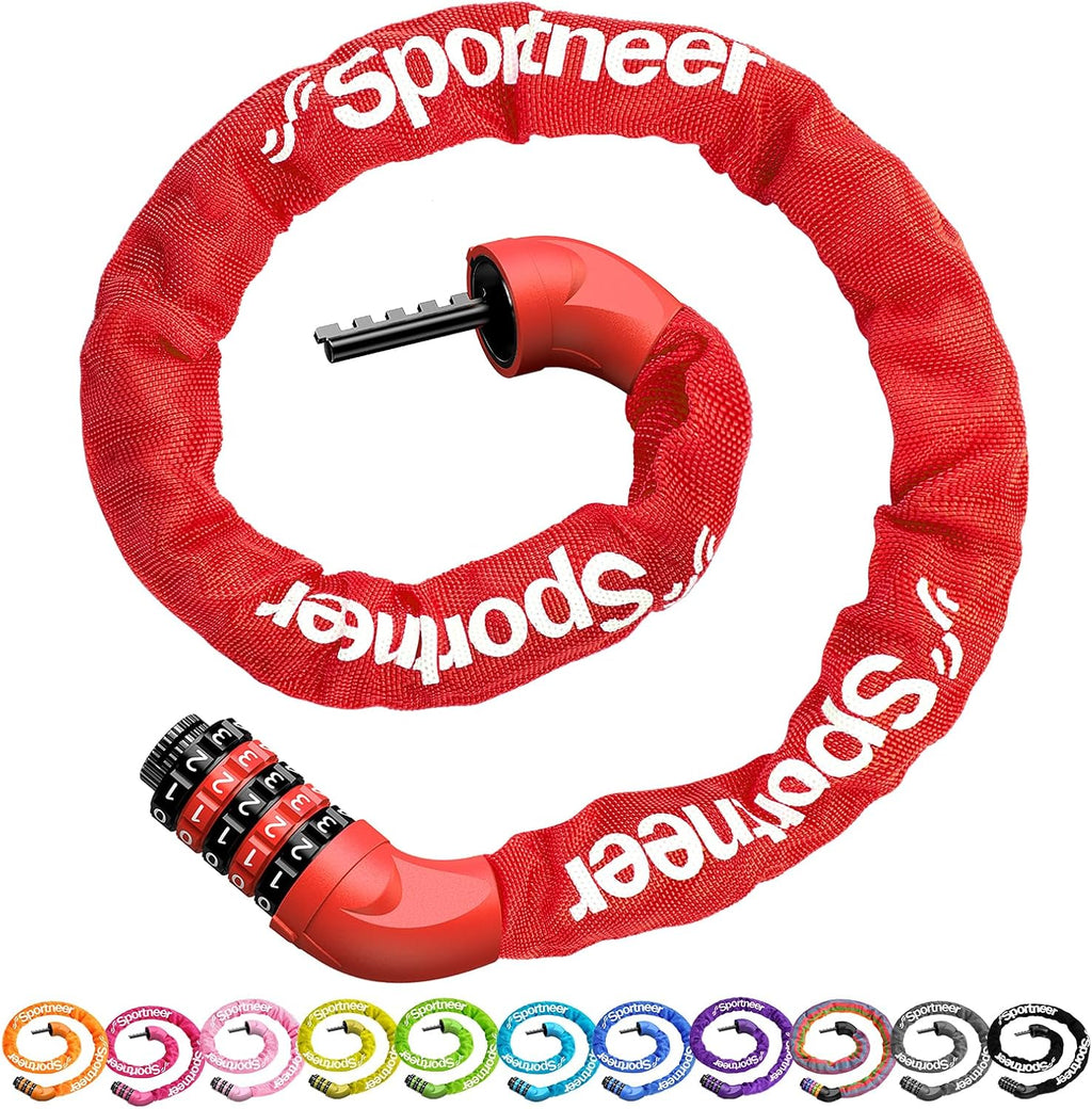 Sportneer Bike Lock - High Security 5-Digit Combination Anti-Theft Chain Lock | 3.2/3.6/4ft Heavy Duty for Bicycles, Motorcycles, Scooters, and Gates - 4/6mm Thick, Keyless Design