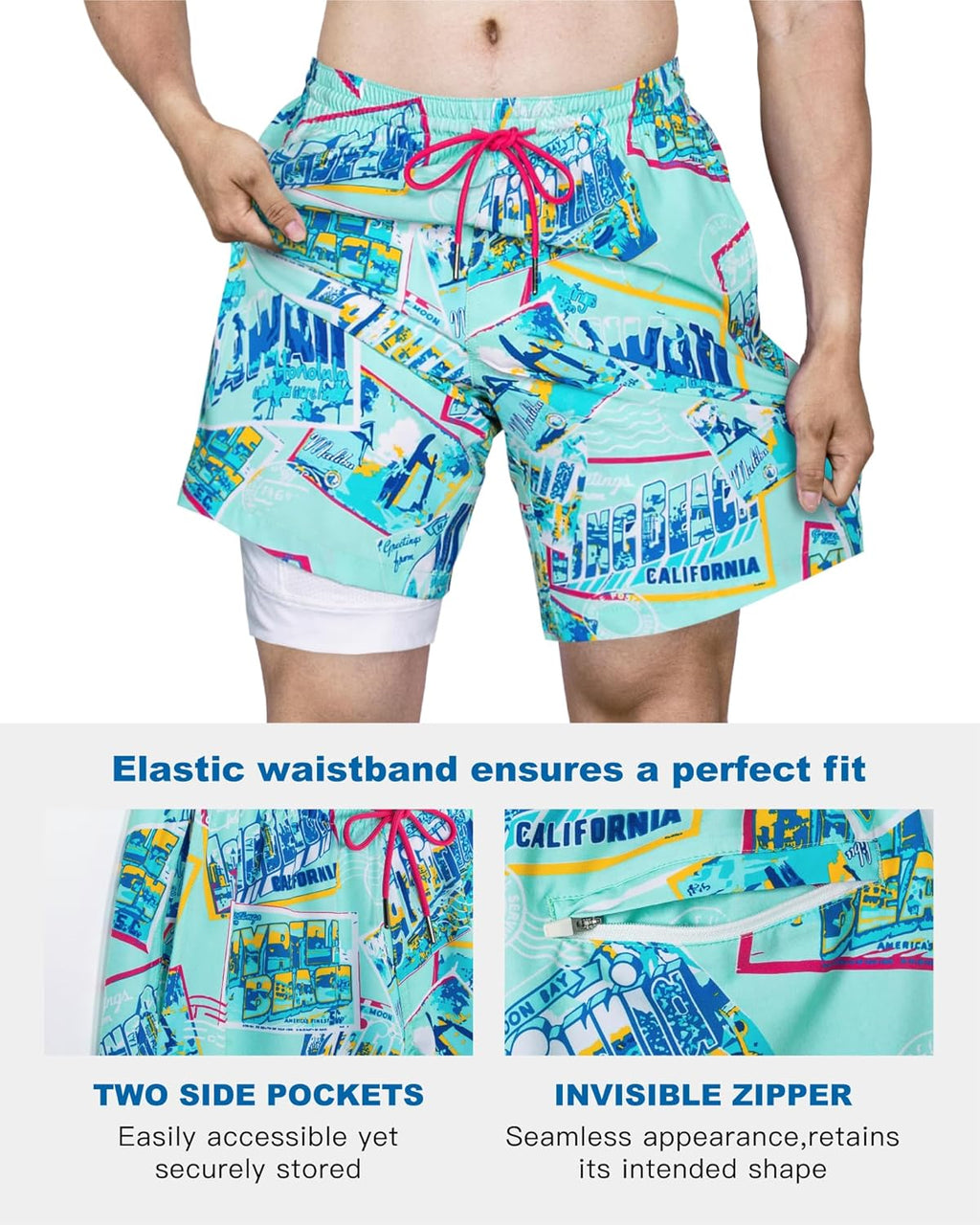 SURF CUZ Mens Swim Trunks with Compression Liner Swim Shorts 7" Swimming Trunks Stretch 7 Inch Swim Suits Quick Dry