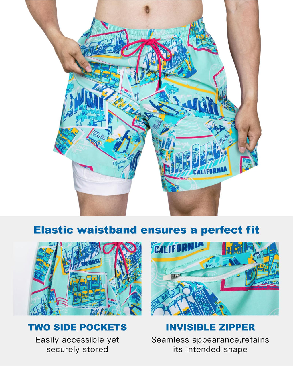 SURF CUZ Mens Swim Trunks with Compression Liner Quick Dry Swim Shorts 7" Swimming Trunks Stretch Bathing Suit 7 Inch,Beach Snapshot,S