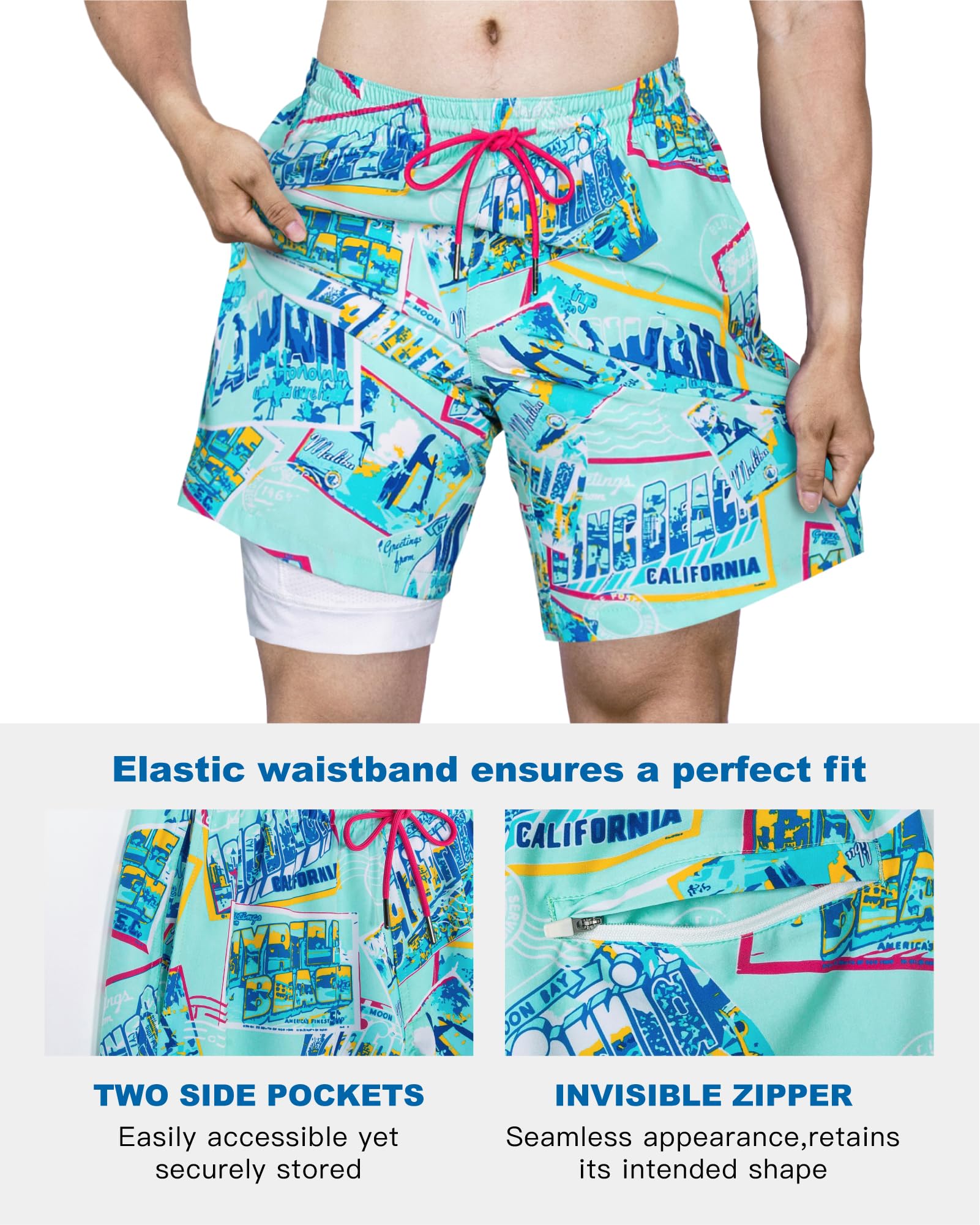 SURF CUZ Mens Swim Trunks with Compression Liner Quick Dry Swim Shorts 7" Swimming Trunks Stretch Bathing Suit 7 Inch,Beach Snapshot,S