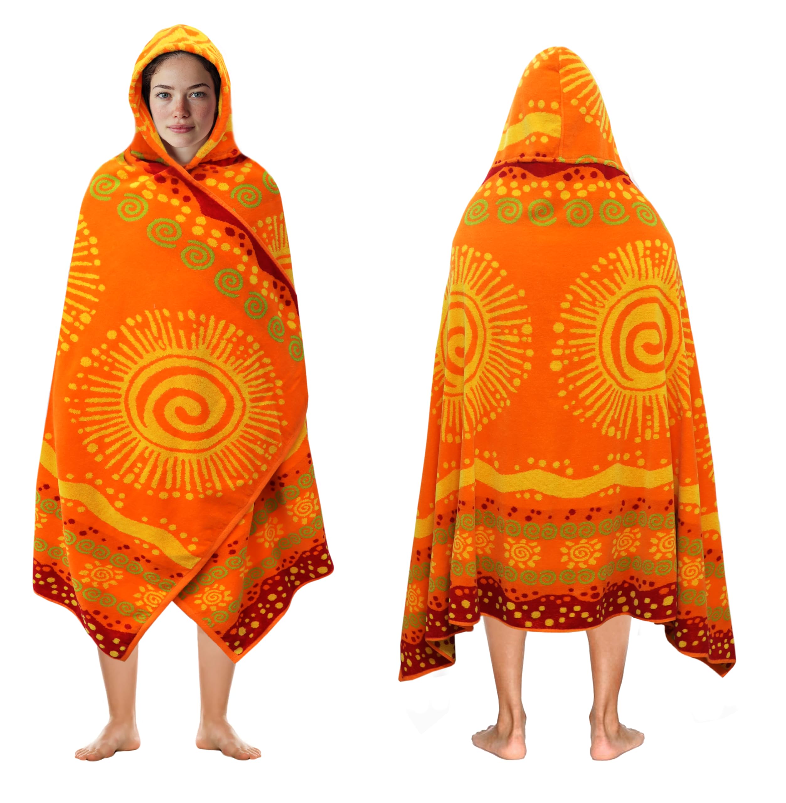 COTTON CRAFT Hooded Beach Towel – Oversized 39 x 68 Towel with Hood for Adults - 100% Cotton Velour Terry Jacquard Towel - Pool Bath Wrap - 450 GSM Soft Absorbent Quick Dry – Sunshine Orange Yellow