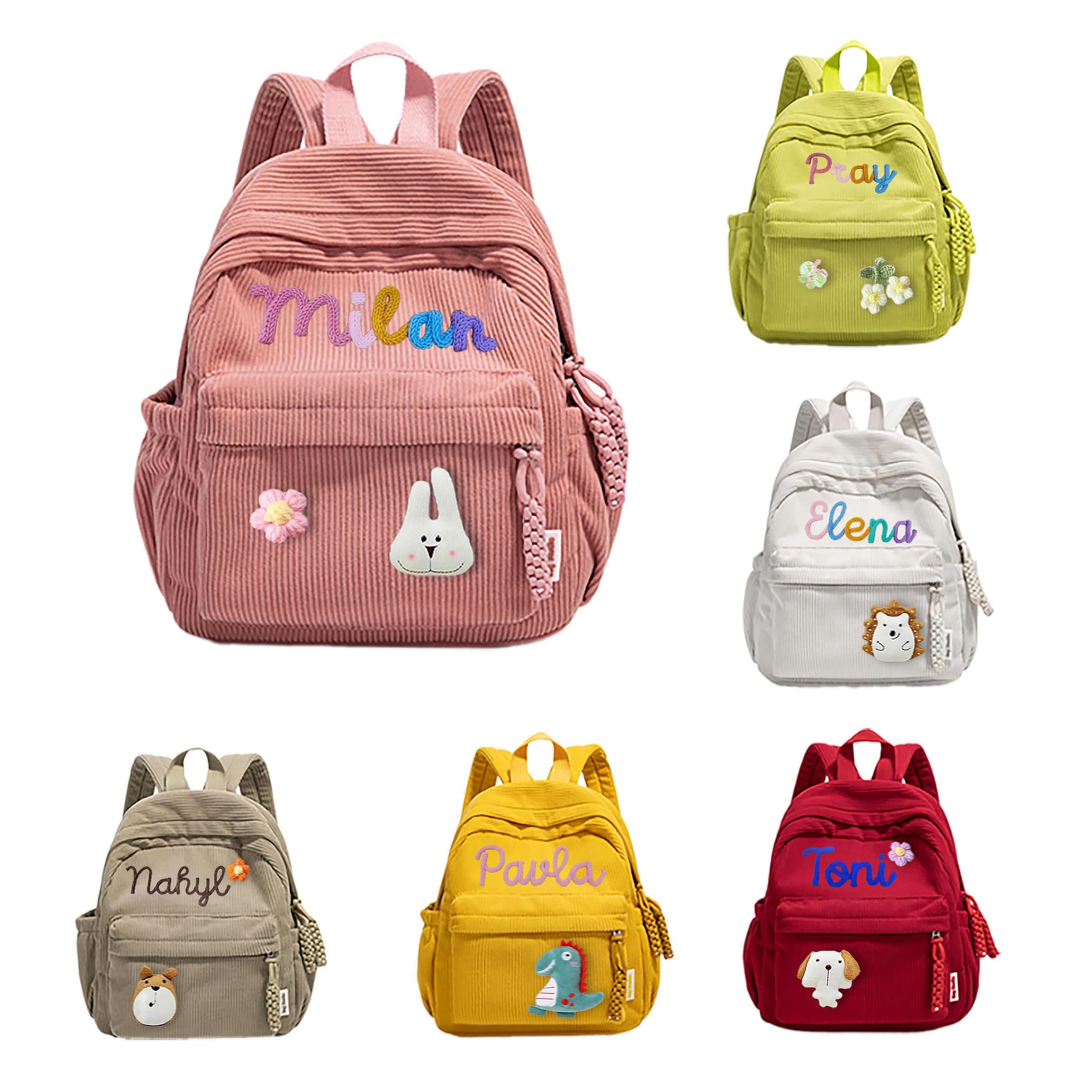 JUPPE Personalized Corduroy Kids Backpack, Custom Name Schoolbag, Preschoolers and Elementary School Students, Available in Medium and Small Sizes, Ages 1-6 or 3-14