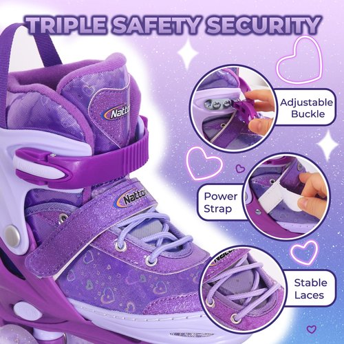 Nattork Kids Roller Skates for Girls Boys, Purple Hearts Quad Skates for Big Kids Age 7 8 9 10 - Adjustable Girls Roller Skates with All Light up Wheels - Birthday Gift for Indoor Outdoor Sports
