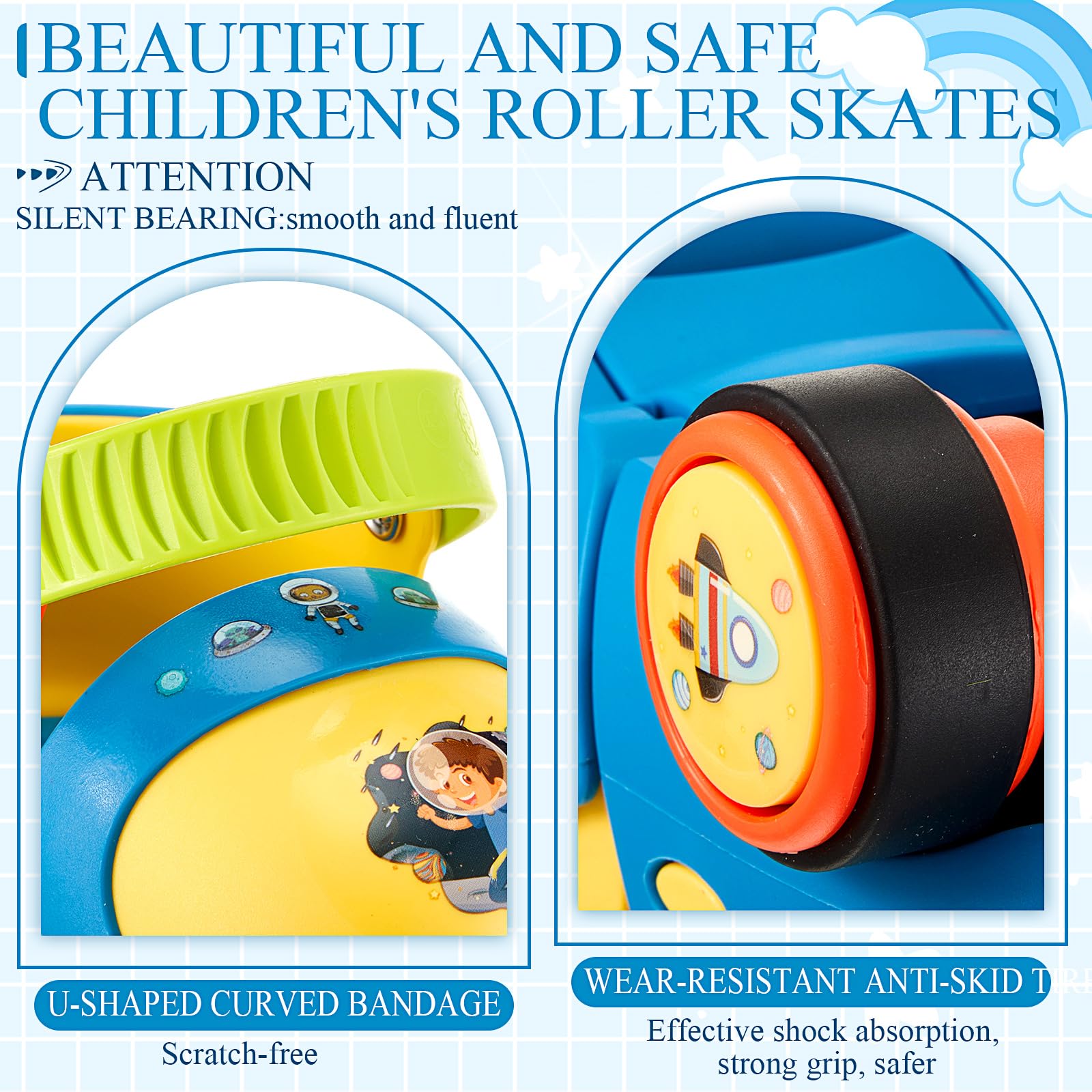 VioraWhite Toddler Roller Skates with Safe Lock Mode Protective Gear Set, Adjustable Kids Quad Roller Skates for Girls Boys Age 2-6 Beginner Skating Shoes(Blue,Space)