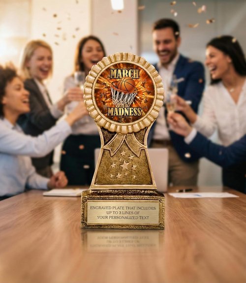 March Basketball Madness Trophy - 2026 Custom Bracket Award with Personalized Engraving on Gold Plate