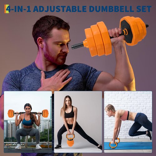 Adjustable Dumbbell Set, 66 LBS 4-In-1 Home Gym Weights with Connector As Dumbbell, Kettlebell,Barbell for Strength Training, Full Body Workout,Orange