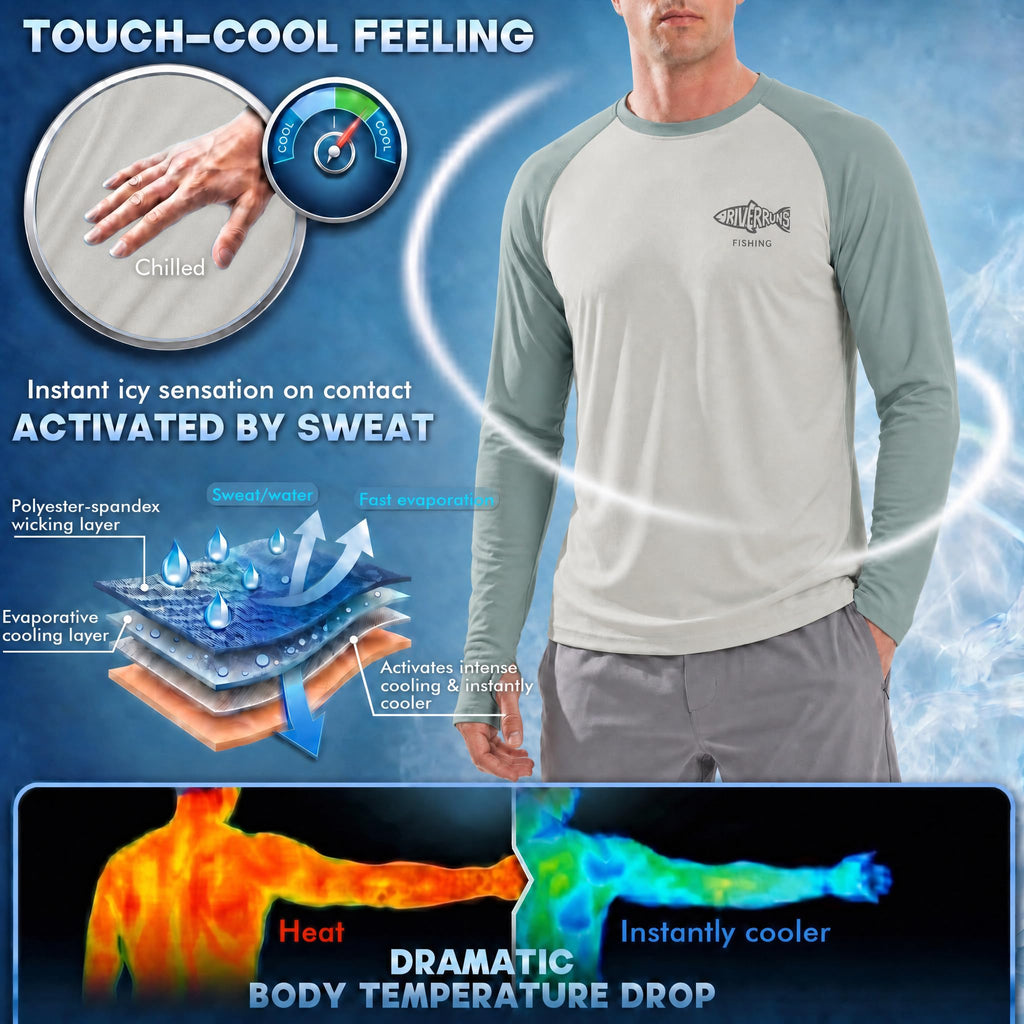 Riverruns Sun Protection Long Sleeve Shirts Rash Guard Shirts Ice-Cool Quick Dry Swim Shirt Fishing Sports Shirt, X-Large