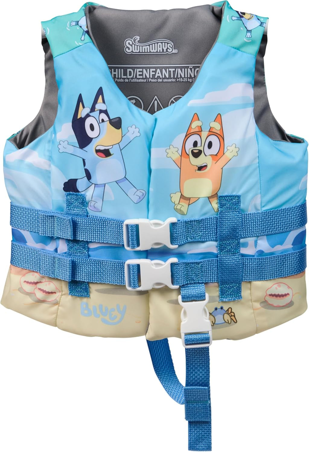 SwimWays Bluey Life Jacket - US Coast Guard Approved Kids Swim Vest for 33-55 lbs, Bluey Design